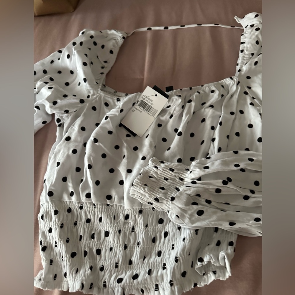 Long sleeve crop black polkadot blouse